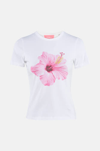Witte korte mouw t-shirt met roze hibiscus print van JJXX, ronde hals, voorzijde weergave