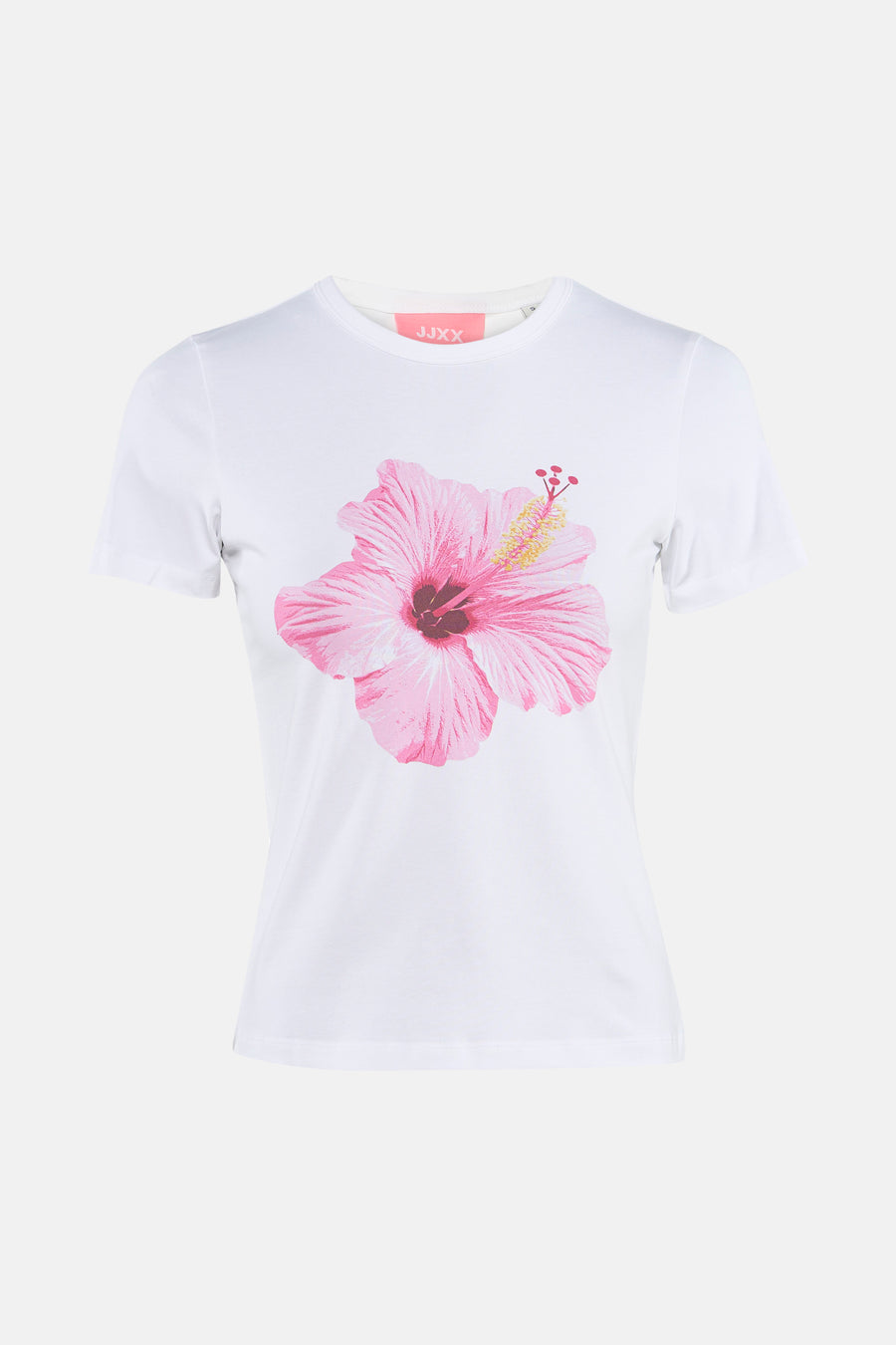 Witte korte mouw t-shirt met roze hibiscus print van JJXX, ronde hals, voorzijde weergave