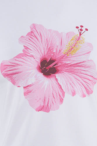 Witte korte mouw t-shirt met grote roze hibiscus bloem print van JJXX, close-up voorzijde
