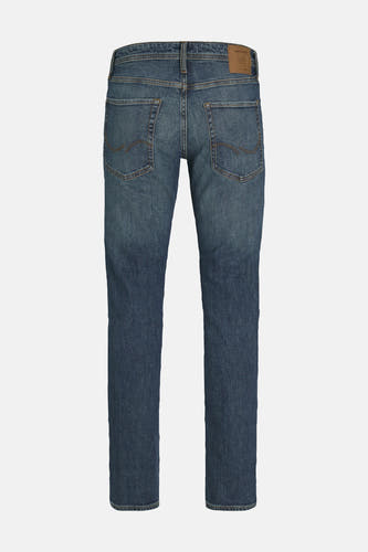 Jean bleu marine droit de JACK & JONES JEANS INTELLIGENCE, avec des poches visibles et une patch en cuir sur la ceinture.