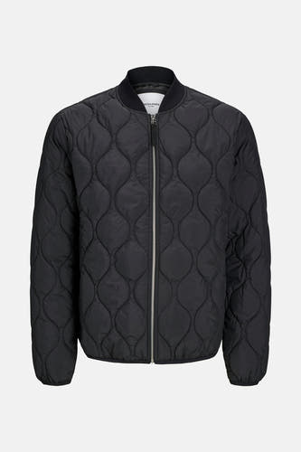 Zwarte korte jas van PREMIUM BLUE by JACK & JONES, met ruitvormig stikselpatroon en zilverkleurige rits.