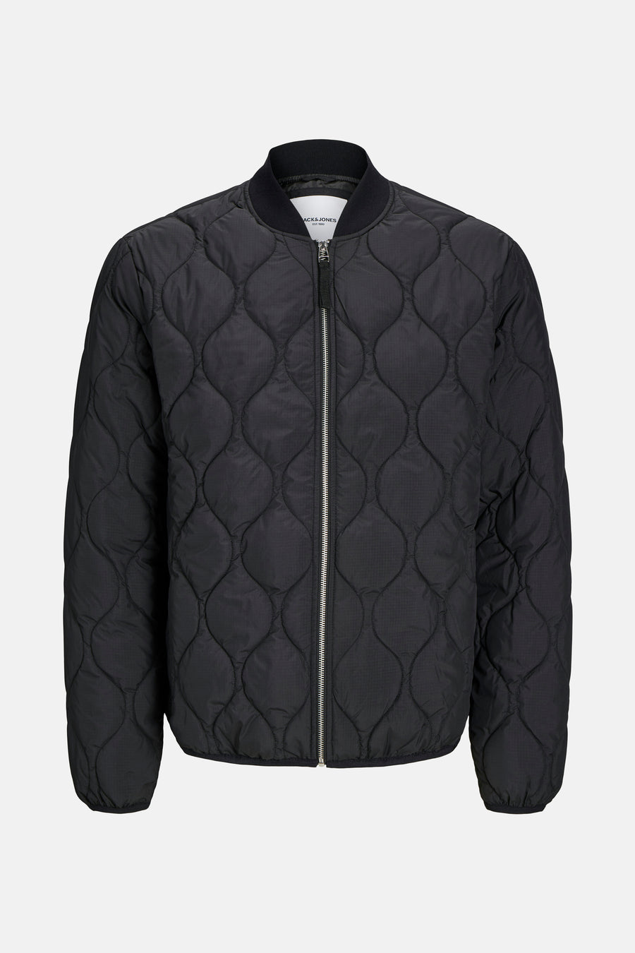 Zwarte korte jas van PREMIUM BLUE by JACK & JONES, met ruitvormig stikselpatroon en zilverkleurige rits.