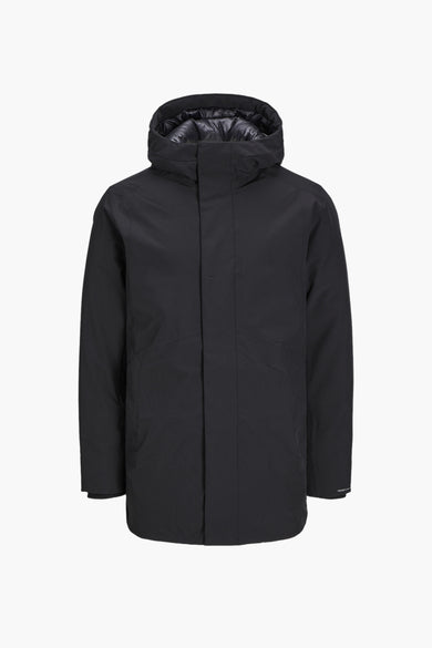 Zwarte lange jas van CORE BY JACK & JONES, met capuchon en gladde textuur.