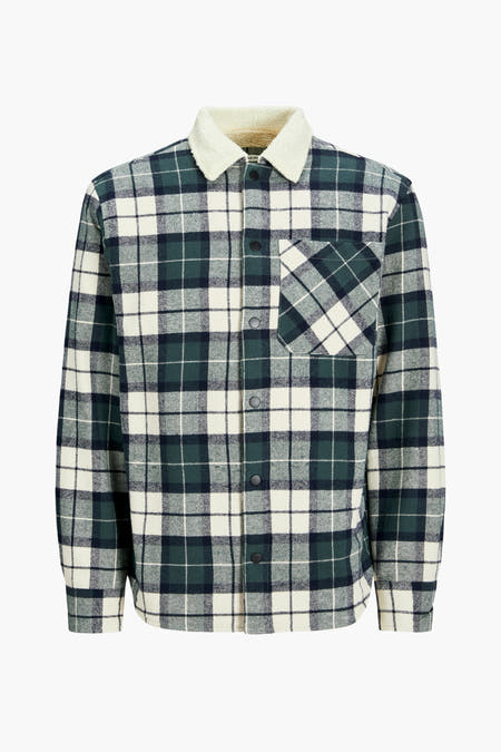 Groen geruit overhemd van CORE BY JACK & JONES met een kraag van imitatiebont en een borstzak.