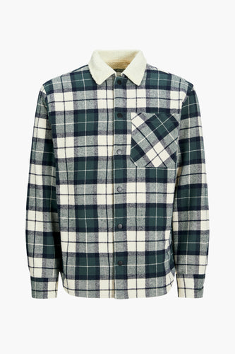 Geruit overhemd met sherpakraag, groen, wit en donkerblauw.