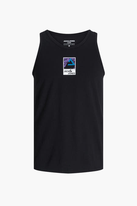Zwarte singlet van CORE by JACK & JONES met grafische print op de borst.
