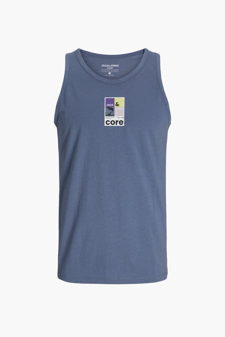 Blauw mouwloos shirt van CORE by JACK & JONES, met een grafische print op de borst.

