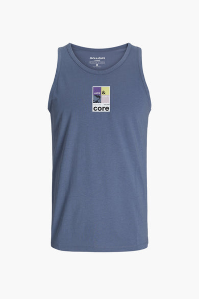 Blauw mouwloos shirt van CORE by JACK & JONES, met een grafische print op de borst.
