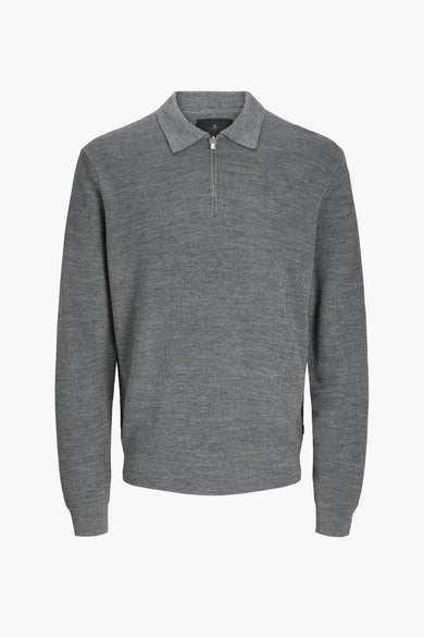 Sweat-shirt gris chiné de PREMIUM par JACK & JONES, avec un col polo et une fermeture à glissière courte.