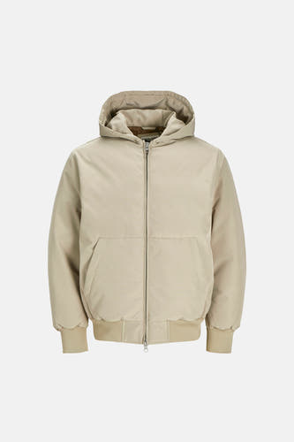 Beige korte jas van CORE BY JACK & JONES met capuchon, ritssluiting en subtiel rasterpatroon.