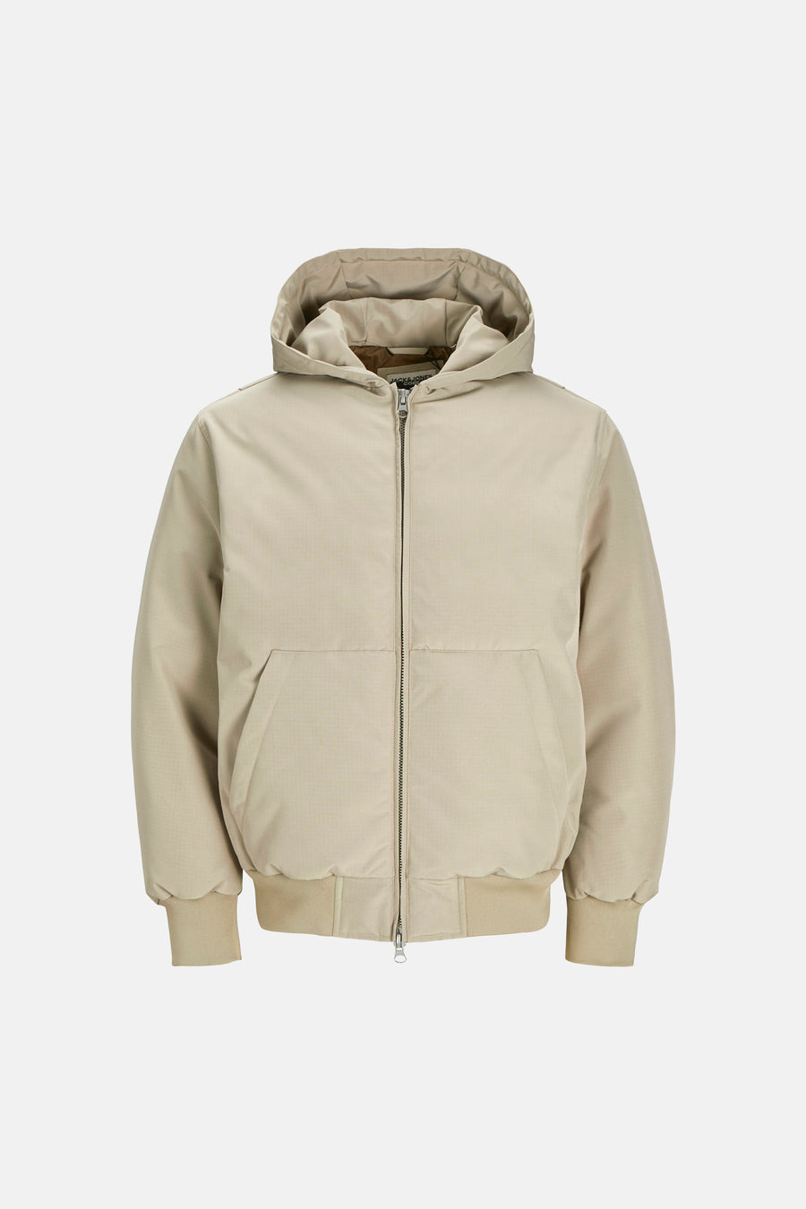 Beige korte jas van CORE BY JACK & JONES met capuchon, ritssluiting en subtiel rasterpatroon.