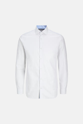 Wit overhemd met lange mouwen van PREMIUM by JACK & JONES, met subtiele rastertextuur en een blauwe kraag.