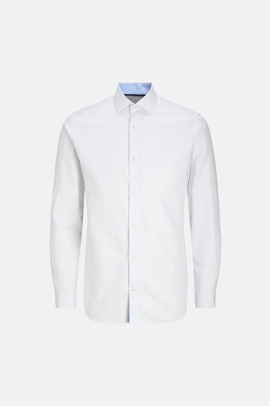 Wit overhemd met lange mouwen van PREMIUM by JACK & JONES, met subtiele rastertextuur en een blauwe kraag.
