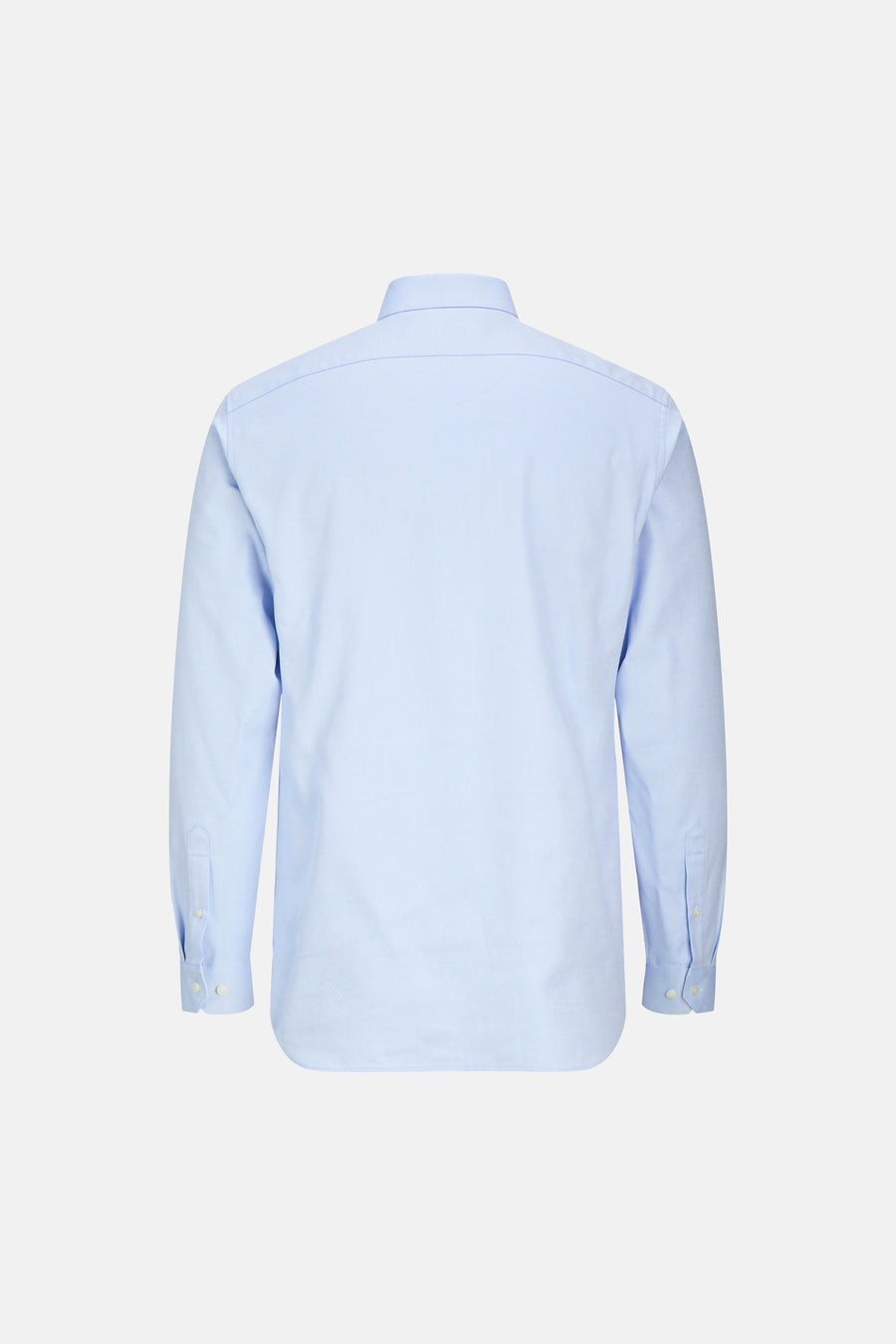 Chemise bleue à manches longues de PREMIUM by JACK & JONES, avec des boutons sur les poignets, photographiée par derrière.