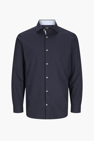 Blauw overhemd met lange mouwen van PREMIUM by JACK & JONES, met een subtiele textuur en witte knopen.