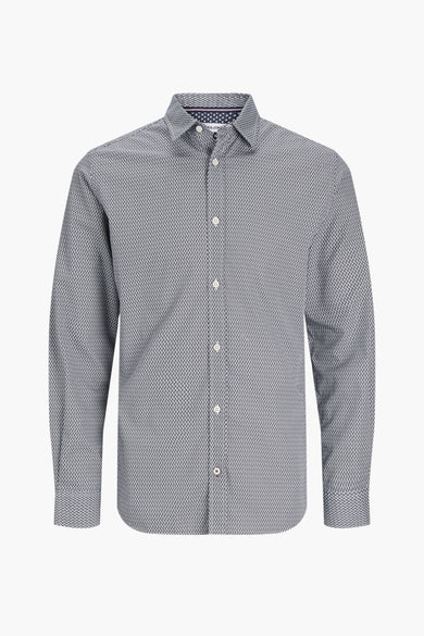 Blauw overhemd met lange mouwen van PREMIUM by JACK & JONES, met een ruitvormig patroon en witte knopen.

