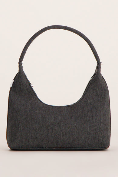 Donkergrijze denim handtas van JJXX, met een ronde handgreep en zilverkleurige details.
