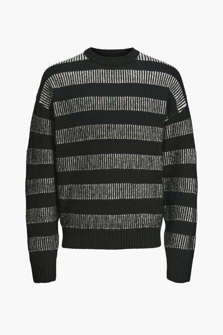 Zwarte trui met ronde hals van CORE BY JACK & JONES, met horizontale strepen en lange mouwen.