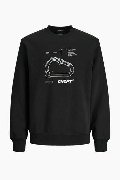 Zwarte sweater met ronde hals van CORE by JACK & JONES, met witte designprint op de borst.

