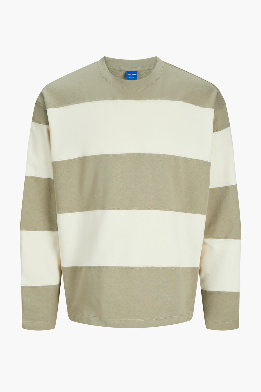 Olijfgroene en witte gestreepte trui met lange mouwen.
