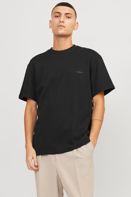 Zwart T-shirt van ORIGINALS BY JACK & JONES, met korte mouwen en licht getextureerde stof.