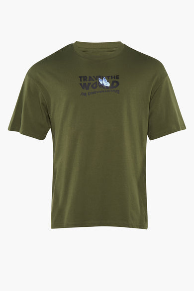 Groen T-shirt met korte mouwen van CORE BY JACK & JONES, met een tekstprint en een vlinder.