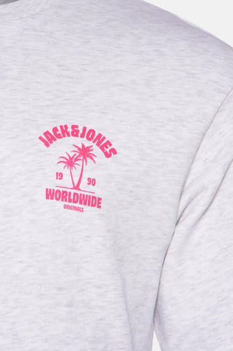 Grijs sweatshirt met roze Jack & Jones logo en palmbomen.