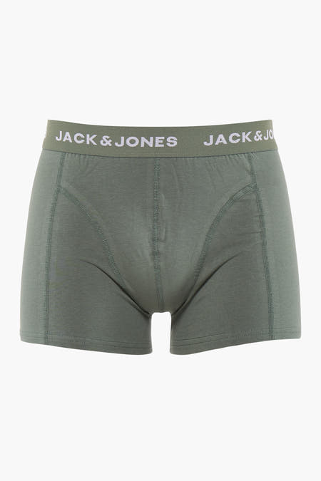 Groene boxershort van ACCESSORIES BY JACK & JONES, met een tailleband met logo, op een witte achtergrond.
