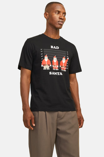 Zwart T-shirt met korte mouwen van ORIGINALS BY JACK & JONES, met 'Bad Santa' afbeelding en lengtemarkeringen.