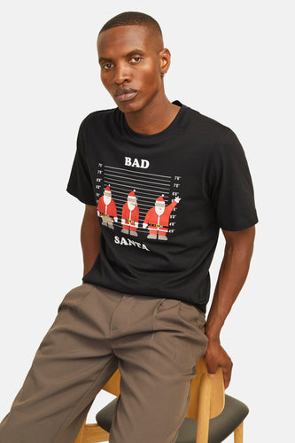 Zwart T-shirt met korte mouwen van ORIGINALS BY JACK & JONES, met een 'Bad Santa' print vooraan.