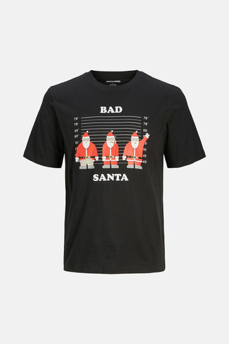 Zwart T-shirt met korte mouwen van ORIGINALS BY JACK & JONES, voorzien van een afbeelding met "Bad Santa" thema.

