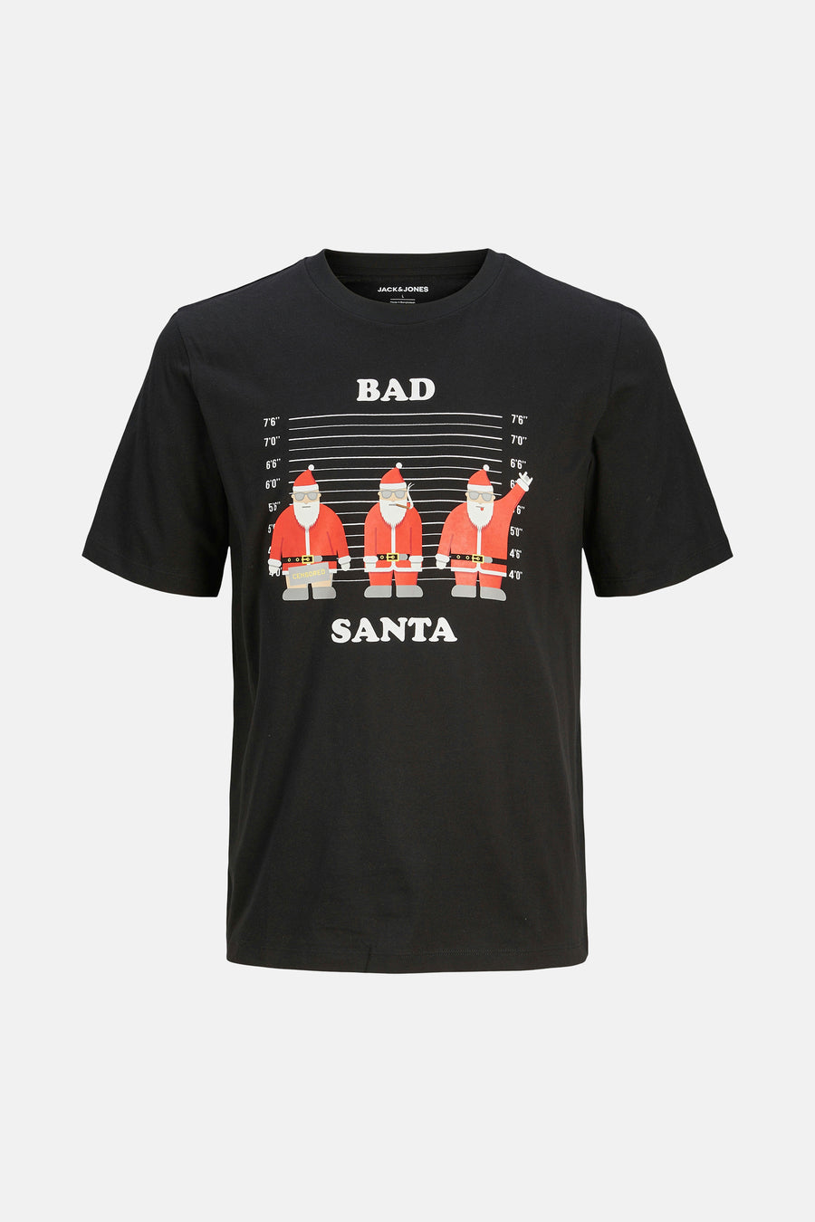 Zwart T-shirt met korte mouwen van ORIGINALS BY JACK & JONES, voorzien van een afbeelding met "Bad Santa" thema.
