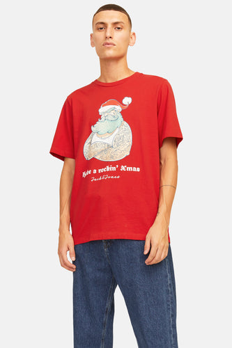 Rood T-shirt met korte mouwen van ORIGINALS BY JACK & JONES, met grafische kerstprint op de voorkant.