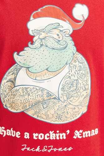 Rood T-shirt met korte mouwen van ORIGINALS BY JACK & JONES, met kerstman-print en tekst 'Have a rockin' Xmas'.
