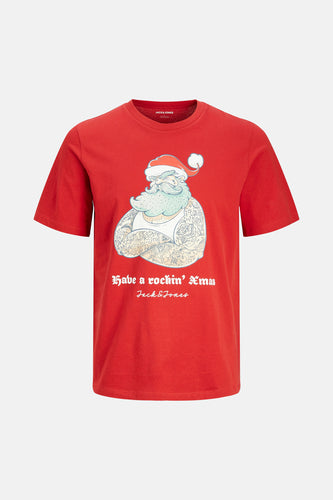 Rood T-shirt met korte mouwen van Jack & Jones, met een grafische kerstprint op de voorkant.