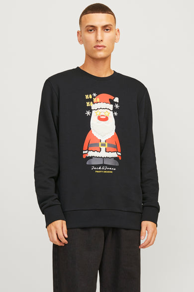 Zwarte ronde hals sweater van ORIGINALS BY JACK & JONES met kerstman print, sneeuwvlokken en Party Season tekst, front view