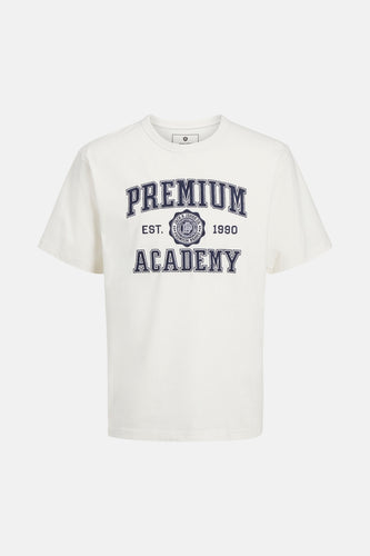 Wit T-shirt met korte mouwen van PREMIUM BLUE by JACK & JONES, met blauwe 'Premium Academy' print op de voorkant.