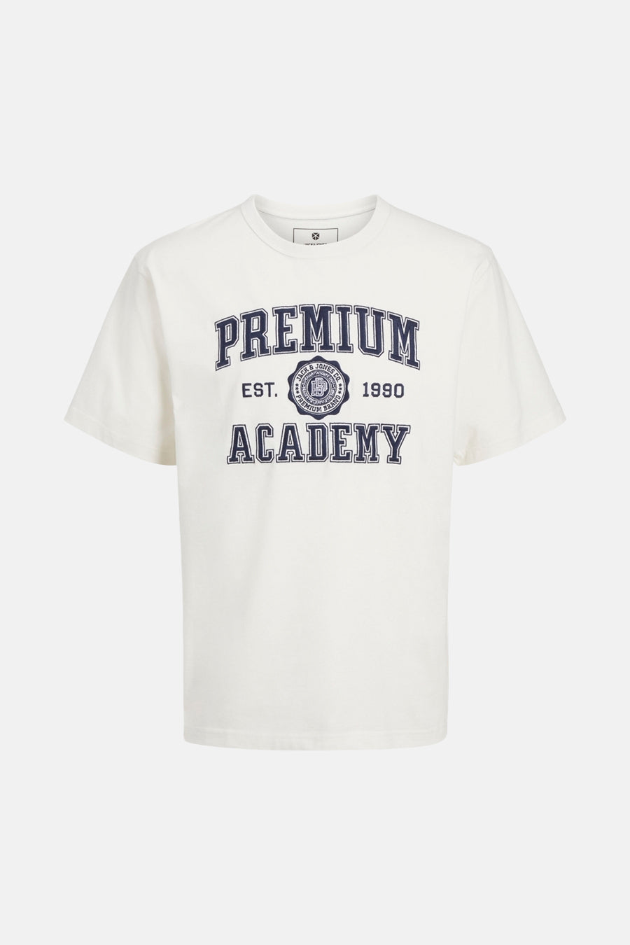 Wit T-shirt met korte mouwen van PREMIUM BLUE by JACK & JONES, met blauwe 'Premium Academy' print op de voorkant.