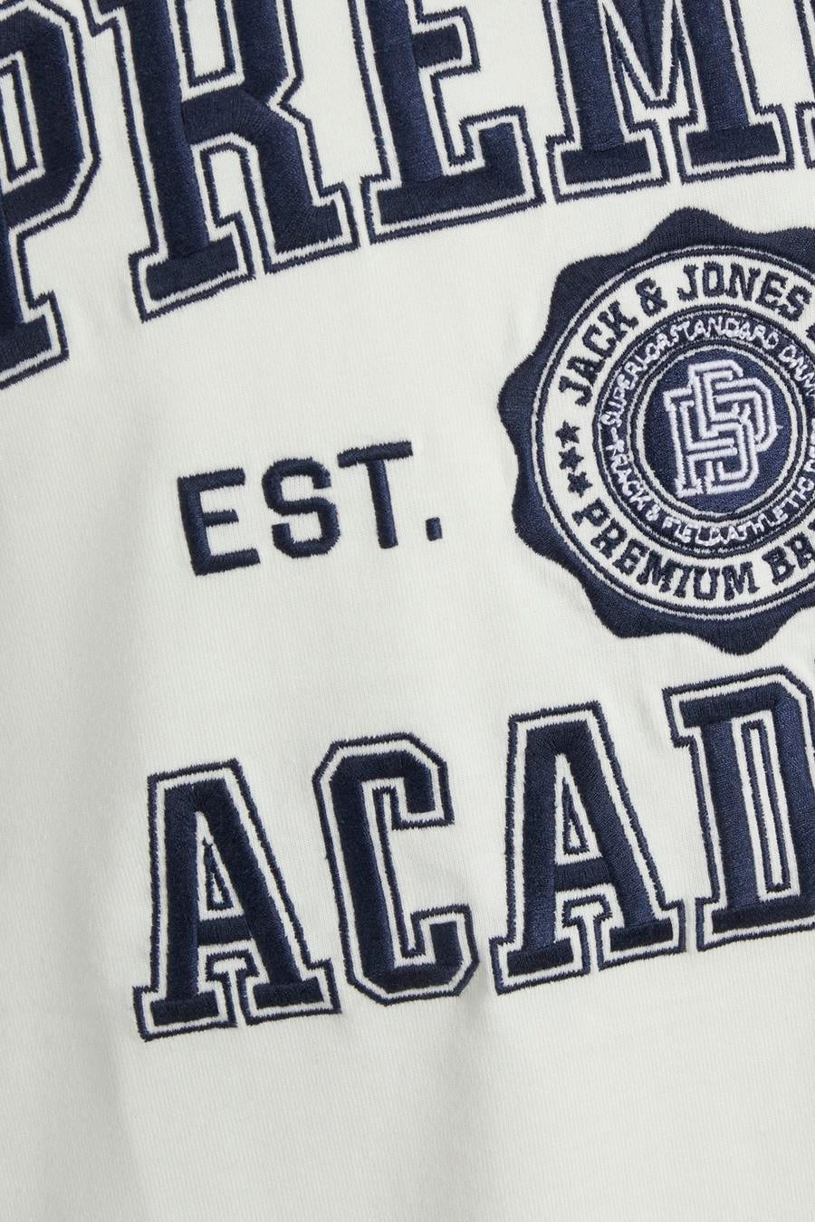 Wit T-shirt met korte mouwen van PREMIUM BLUE by JACK & JONES, met een embleemlogo en een vintage academisch ontwerp.