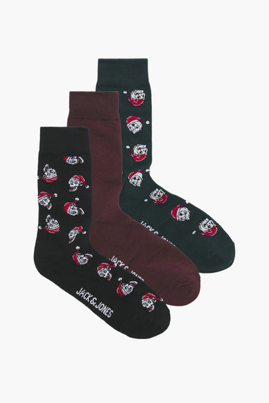 Zwarte sokken van ACCESSORIES BY JACK & JONES, met een kerst skull motief en effen bordeauxrode en groene sokken.