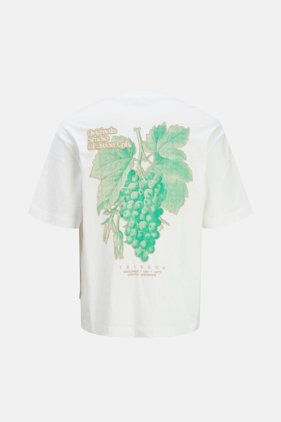 Wit T-shirt met korte mouwen van ORIGINALS by JACK & JONES, met groene druivenprint op de rug.