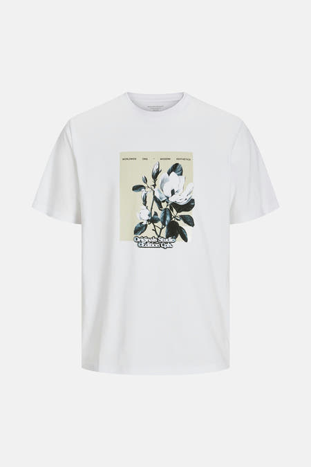 Wit T-shirt met korte mouwen van ORIGINALS BY JACK & JONES, met een bloemenprint in een rechthoekig kader.