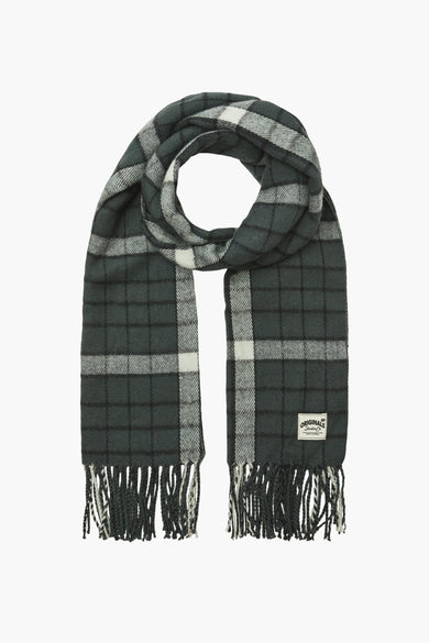Groene wintersjaal van ACCESSORIES BY JACK & JONES, met een ruitpatroon en franjes aan de uiteinden.