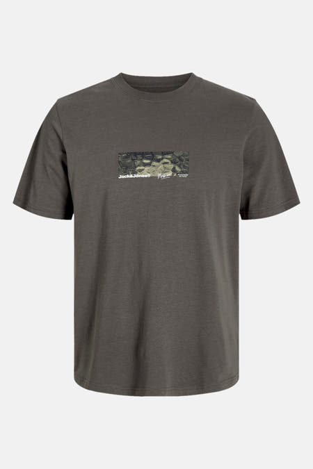 Grijs T-shirt met korte mouwen van CORE BY JACK & JONES, met een grafische print op de borst.
