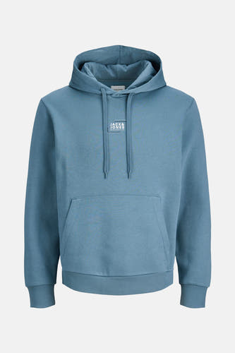 Sweat-shirt bleu avec capuche de CORE BY JACK & JONES, à longues manches, avec une poche kangourou et un logo sur la poitrine.