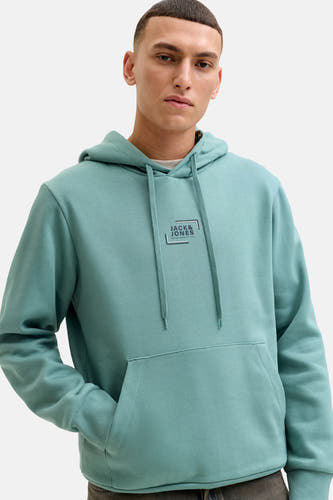 Blauwe sweater met kap van CORE by JACK & JONES, met trekkoorden en een kangoeroezak vooraan.