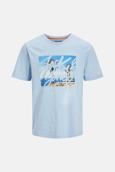 Blauw T-shirt met korte mouwen van ORIGINALS BY JACK & JONES, met een vierkante print van palmbomen en een busje.
