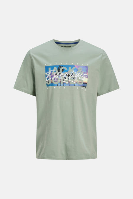 Groen T-shirt met korte mouwen van Jack & Jones met palmbomen-grafische print en ronde hals.