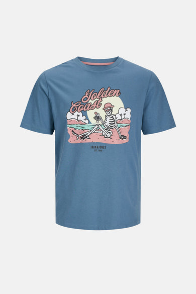 Blauw T-shirt met korte mouwen van ORIGINALS by JACK & JONES, met een strandprint met een skelet en de tekst "Golden Coast".