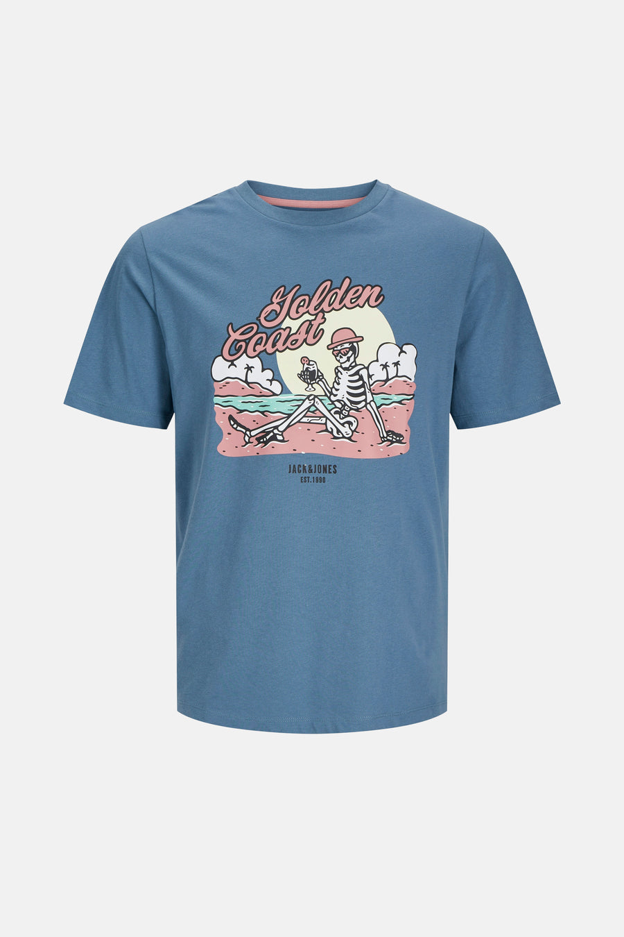 Blauw T-shirt met korte mouwen van ORIGINALS by JACK & JONES, met een strandprint met een skelet en de tekst "Golden Coast".